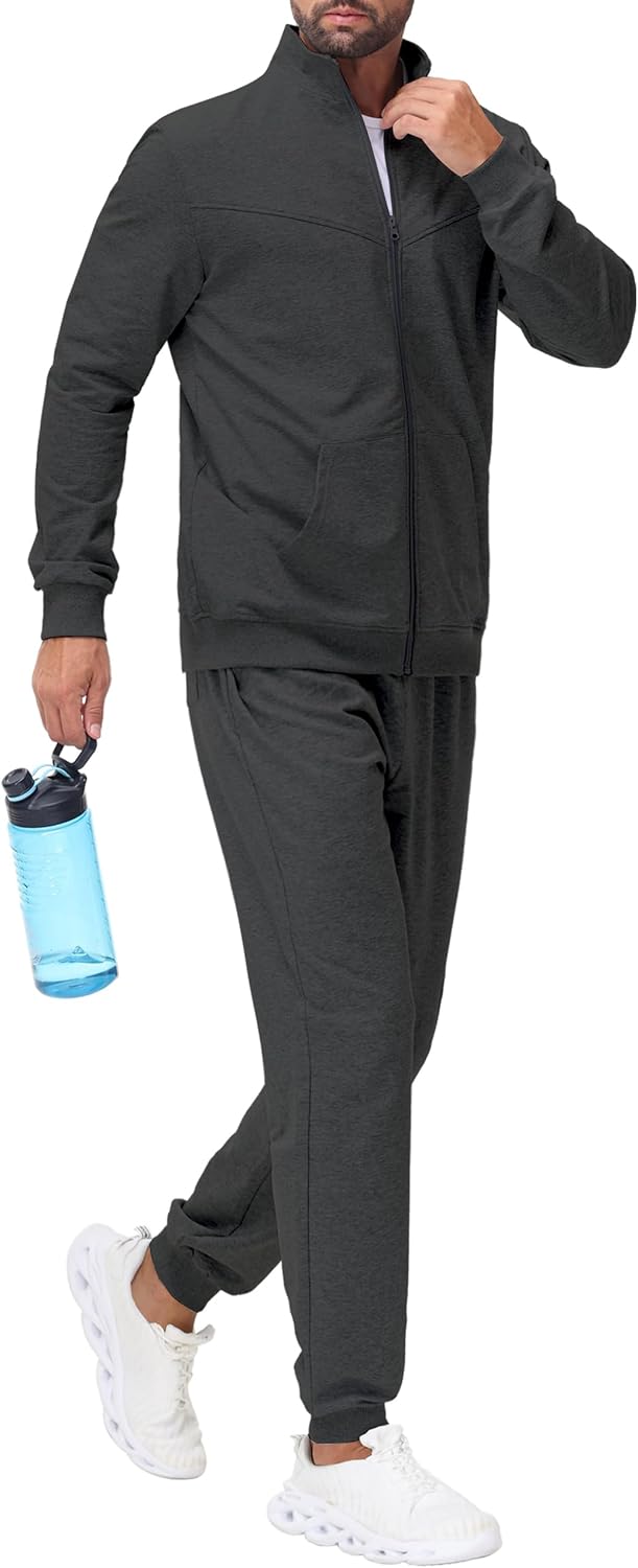 JWM Men's Cotton Sweatsuit Set - Full Zip Hoodie & Jogger Pants Soft Casual Loungewear Gym Travel Outfit with Zipper Pockets