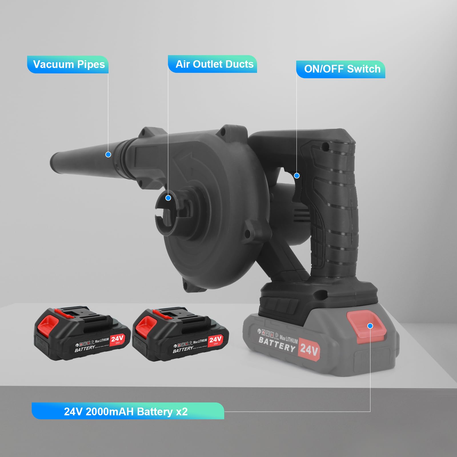 Ykall Soplador de Hojas Inalámbrico 24V – Potente y Ligero, con 2 Baterías y Cargador, Ideal para Jardín, Patio, Césped, Nieve, Polvo y Pelo de Mascotas (Negro) - 5