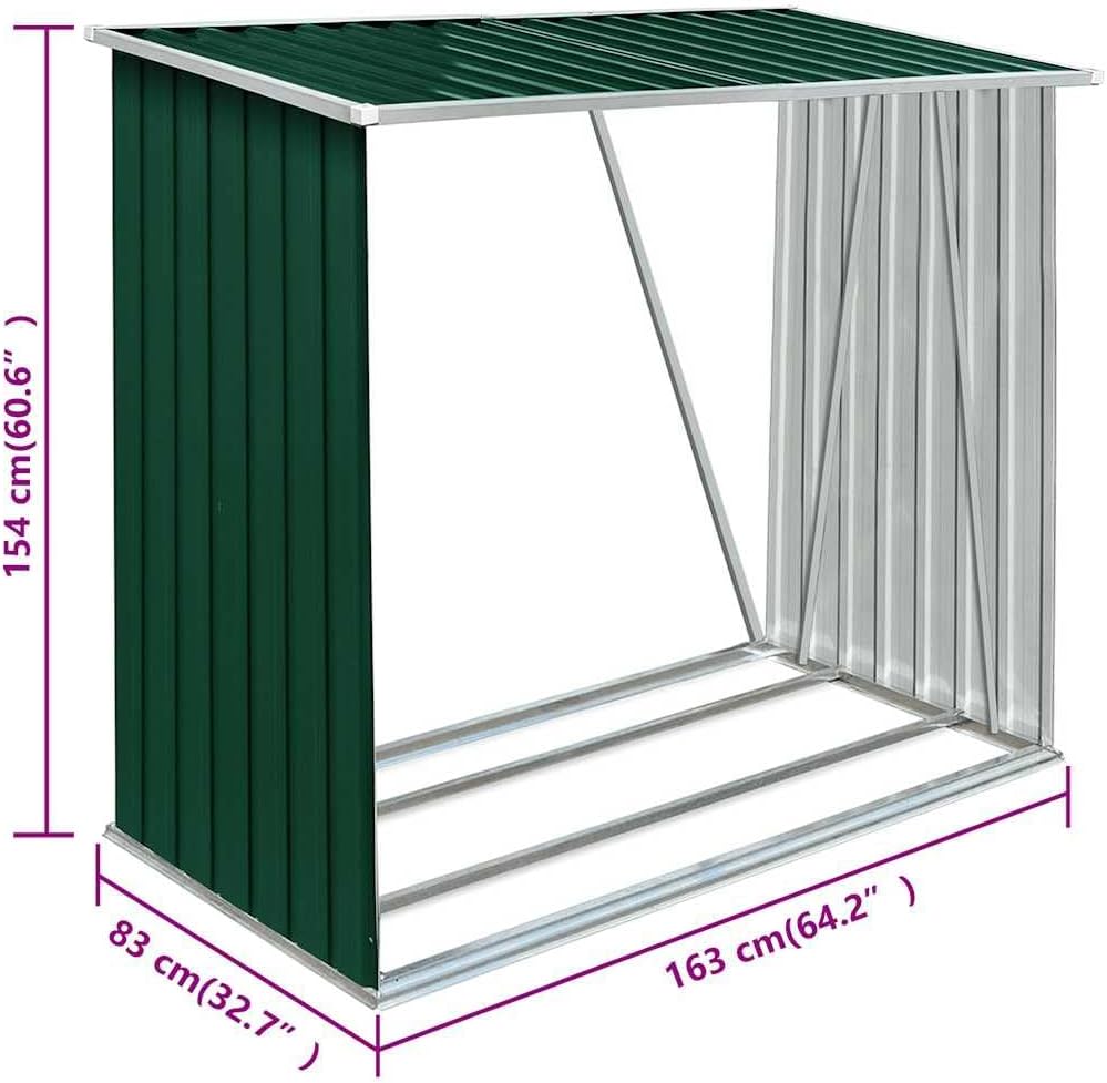 vidaXL Garden Firewood Storage Shed- Galvanized Steel Green Log Shed- Compact Outdoor Wood Storage Solution- 64.2"x32.7"x60.6"- Durable and Easy to Assemble