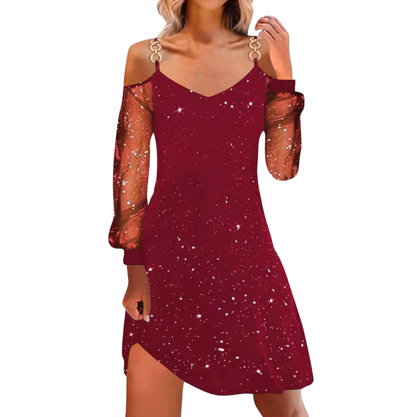 Women Christmas Dresses UK Sexy Spaghetti Strap Tank Dress with Mesh Long Sleeve Santa Xmas Dresses Plus Size Women's Soft Santa Costume for Chirstmas Party Prom