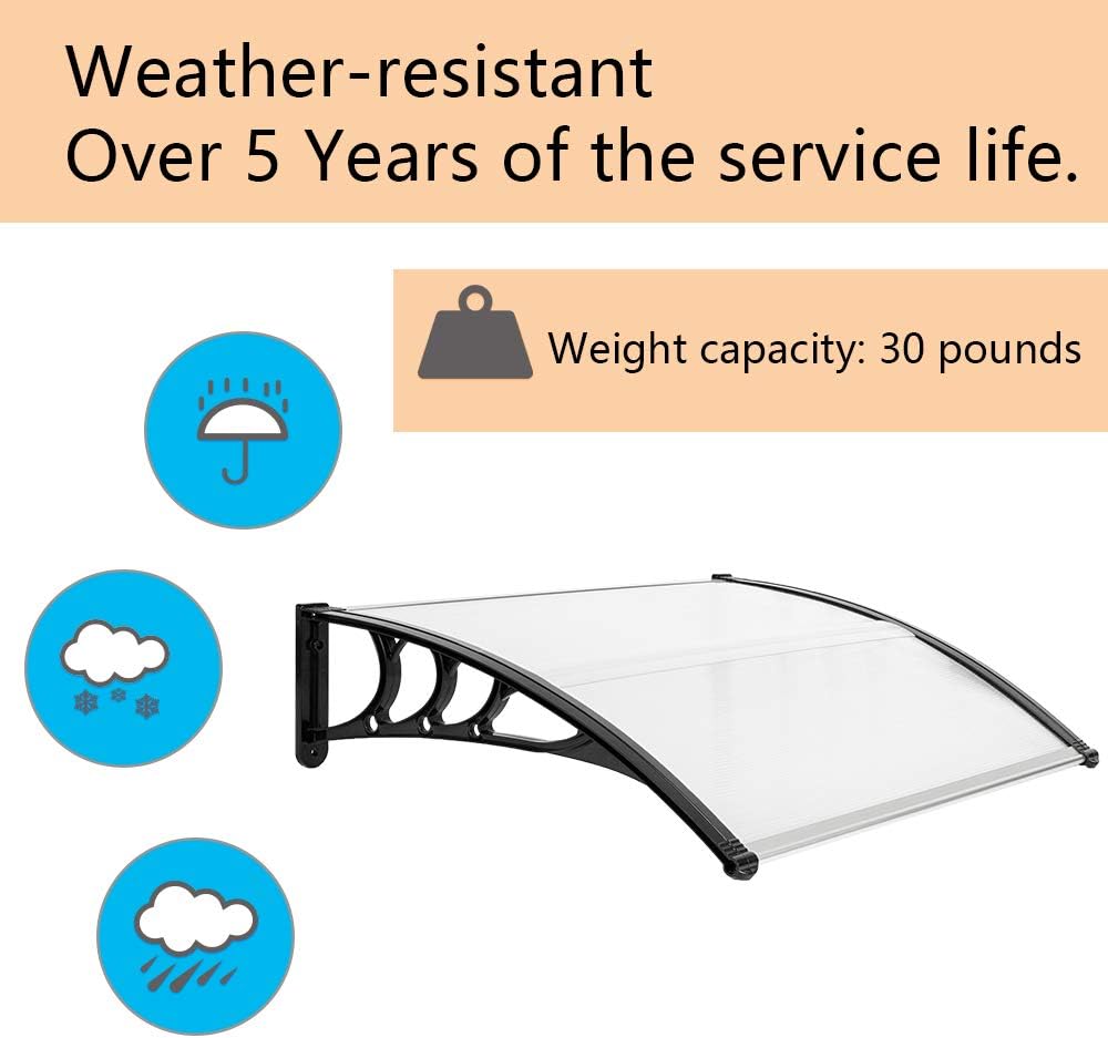 FCH Window Awning Door Canopy, 30" x 40" Window Awning Overhead Door Modern Polycarbonate Cover Outdoor Front Door Patio Canopy UV Rain Snow Sunlight Protection Hollow Sheet/Black