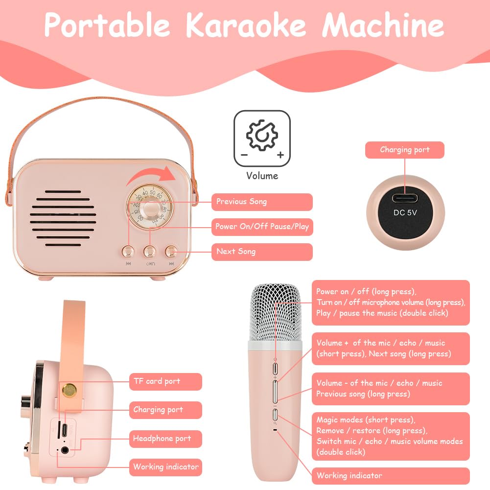 Ainiv urządzenie do karaoke dla dzieci i dorosłych z 2 bezprzewodowymi mikrofonami, przenośne zabawki karaoke z Bluetooth i zmieniaczem głosu, mikrofony prezentowe dla dzieci w wieku 3-18 lat