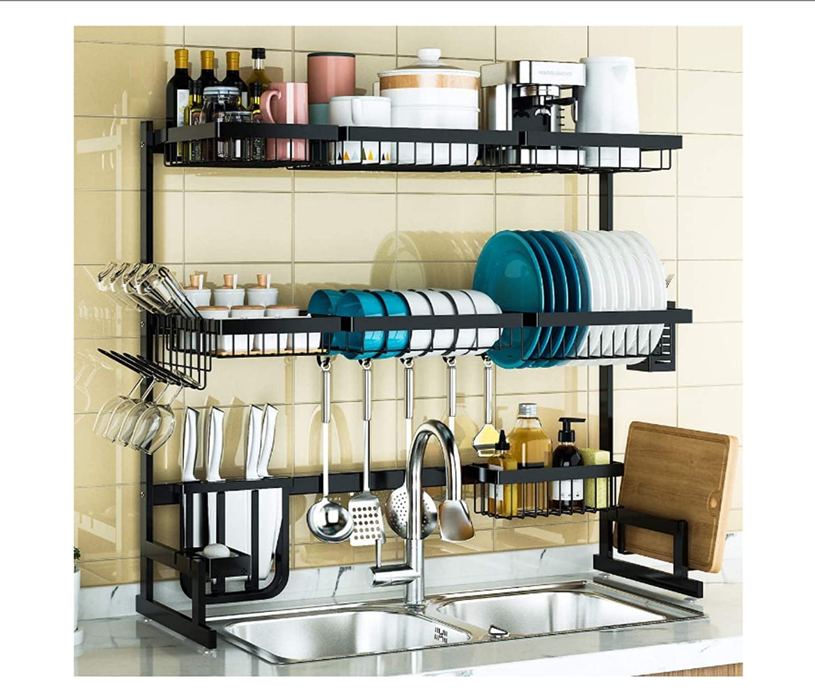 MUSHI 2021NEW 3Tier Adjustable Over Sink Dish Drying Rack, Large Dish Drainer for Kitchen Storage Counter Organization, Stainless Steel Over Sink Dish Rack Display (For Sink ≤ 32.5inch)