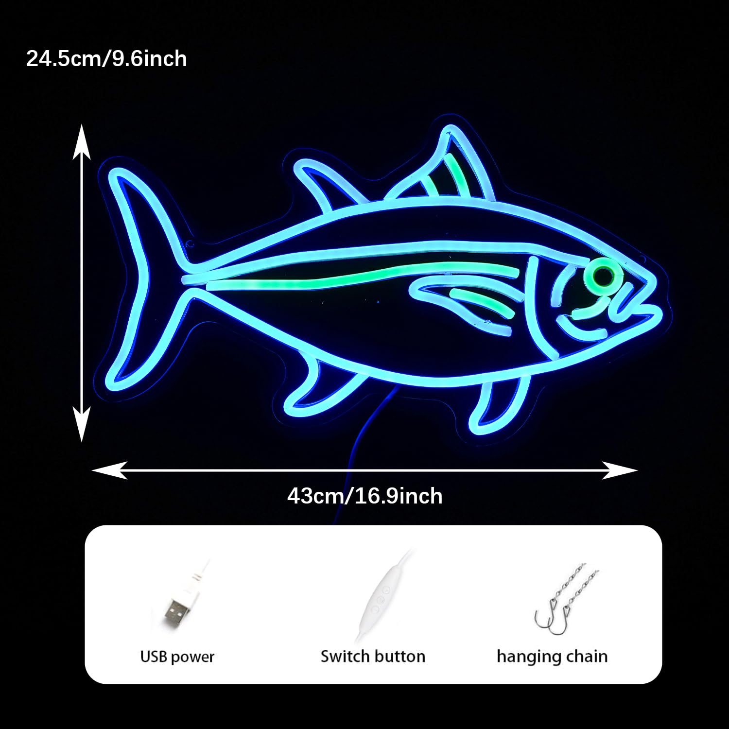 Neonowy znak tuńczyka, niebiesko-zielona ryba, neonowe znaki do dekoracji ścian, ściemniane znaki LED do sypialni, salonu, restauracji, biura, prezenty urodzinowe (40 cm x 25 cm)