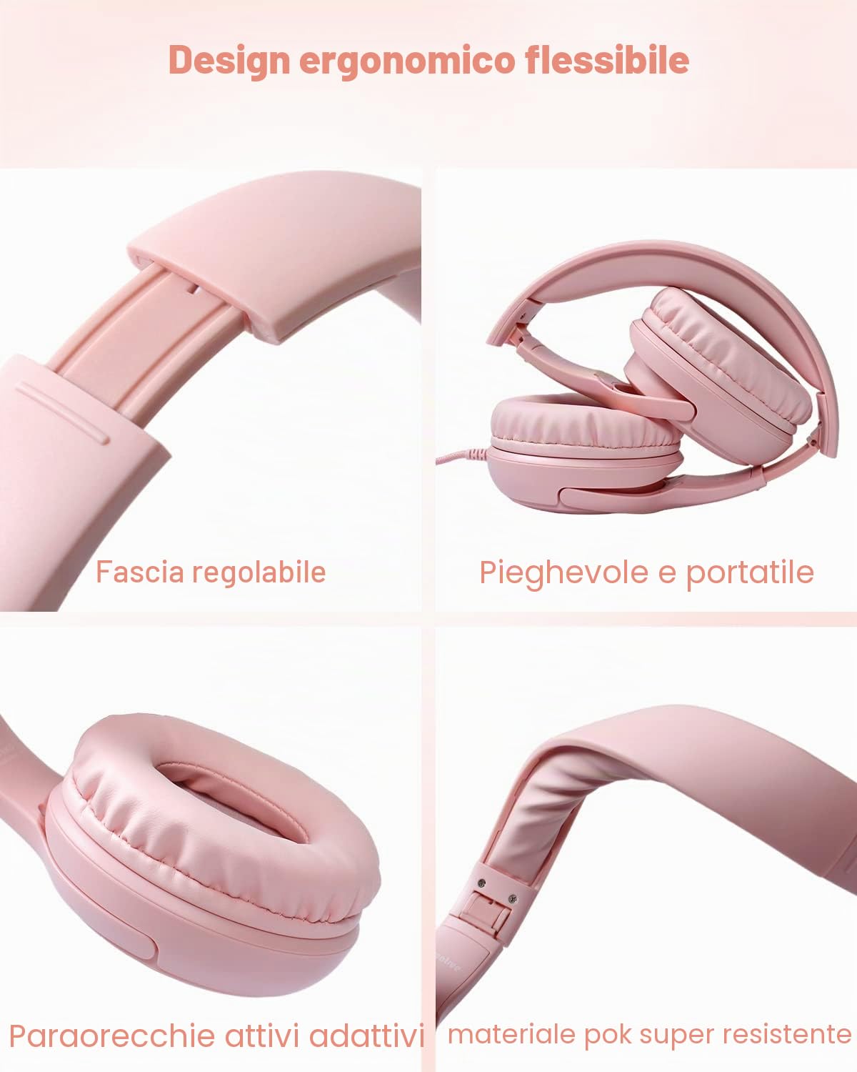 Cuffie per Bambini con Microfono, Limitazione Volume 85/94 dB, Jack 3,5 mm, Design Pieghevole, On-ear (Rosa)