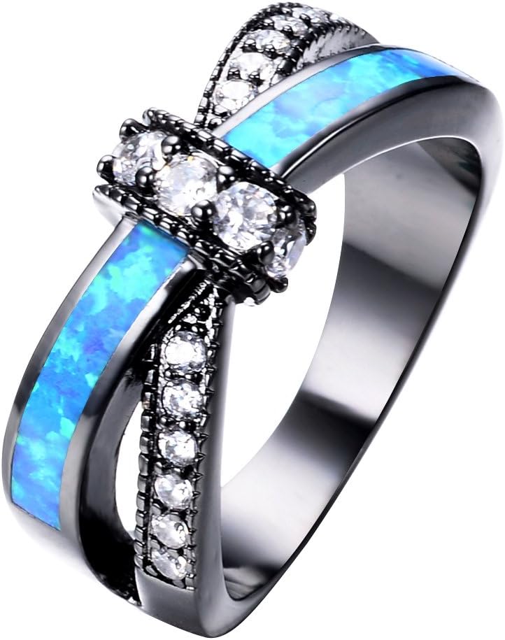 Adeser Jewelry Womens Lab Blue Opal and White Opal Wedding Ring,10 KT Black Gold Plated Womens Rings Size 6 (BL)