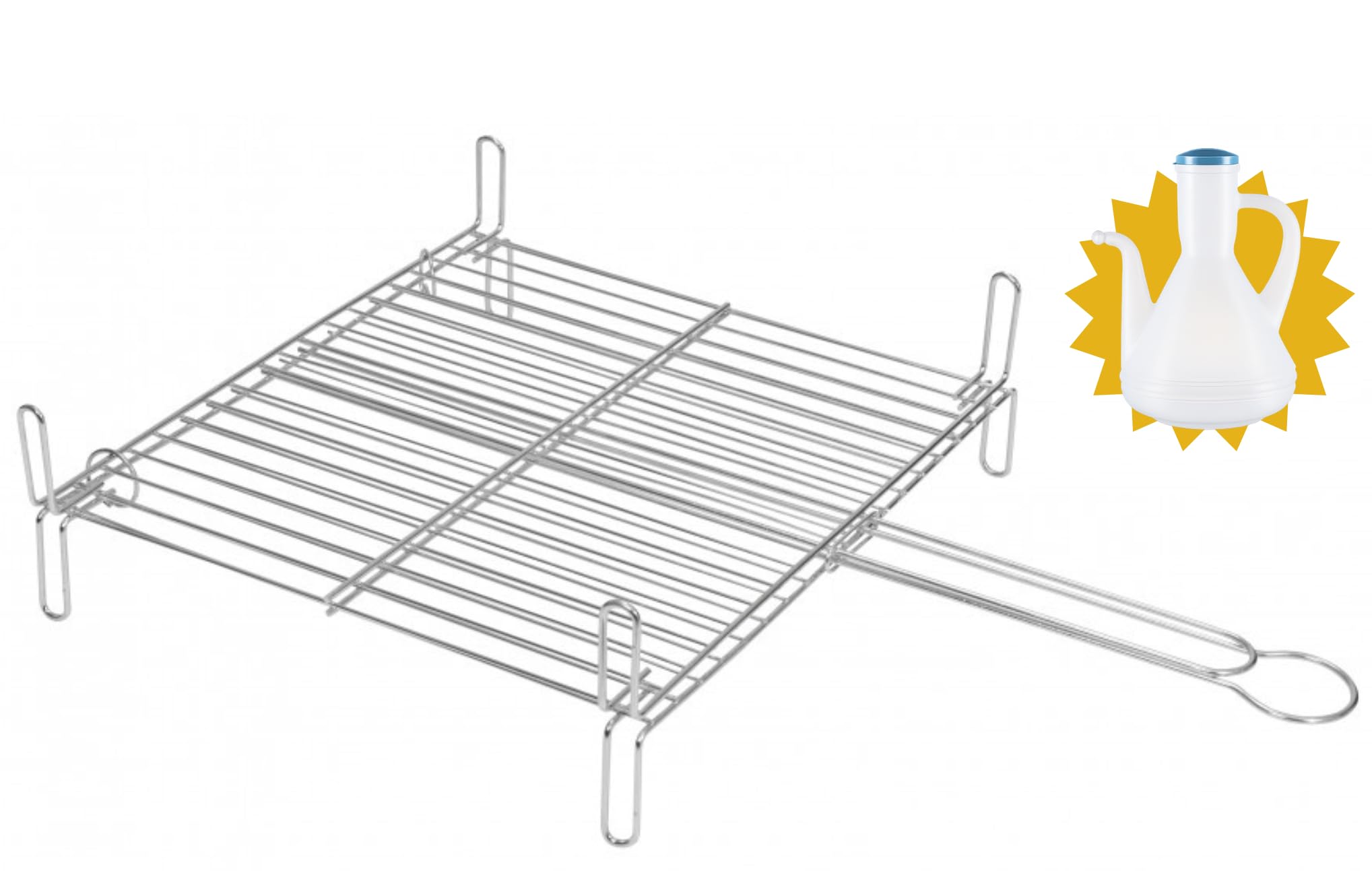Parrilla para Barbacoa de Acero Zincado Doble, 50x50 cm - Fabricado en Europa - Regalo Salsera 350 mL - Fácil Limpieza, Resistente y Duradera