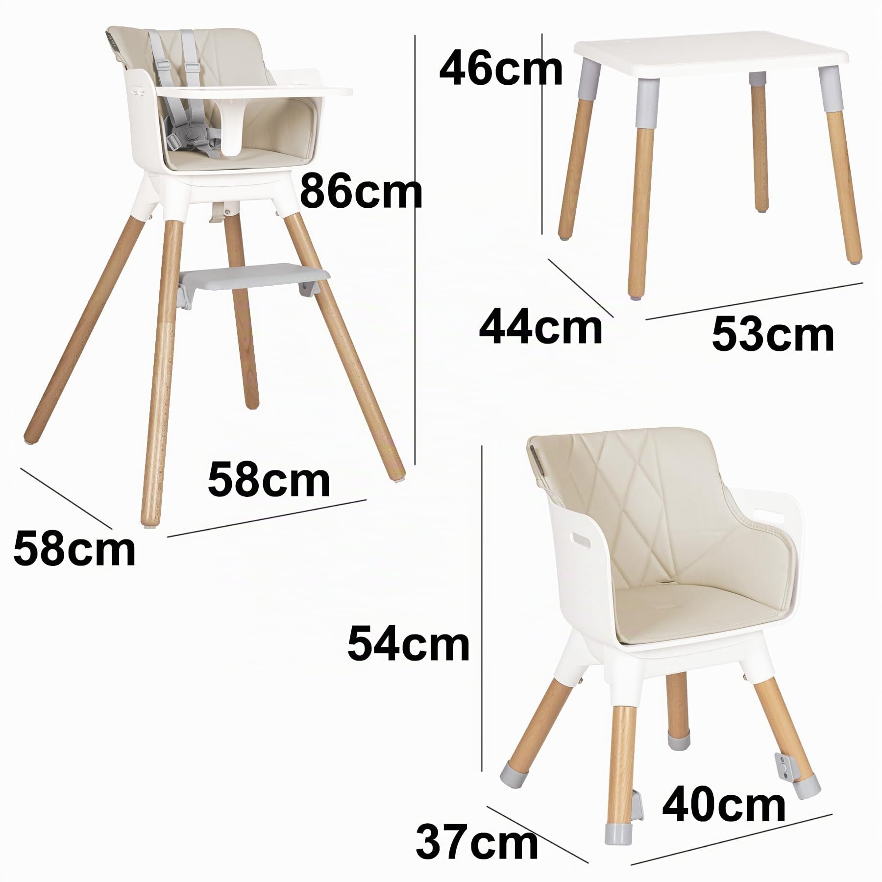 Olmitos – Trona bebé Convertible 2 en 1 Mesa con Silla para Niños KOMBO - Seguridad, Madera de Haya, Arnés de 5 Puntos, Plegable y Ajustable – 6+ meses hasta 15kg (Beige)