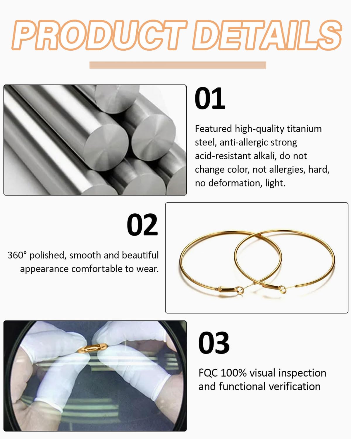 10 Pares Pendientes de Aro Acero Inoxidable 30/40/50/60/70mm ganchos para pendientes oro plata, hilo para oreja redondo para mujer creación de joyas DIY,Oro/plata