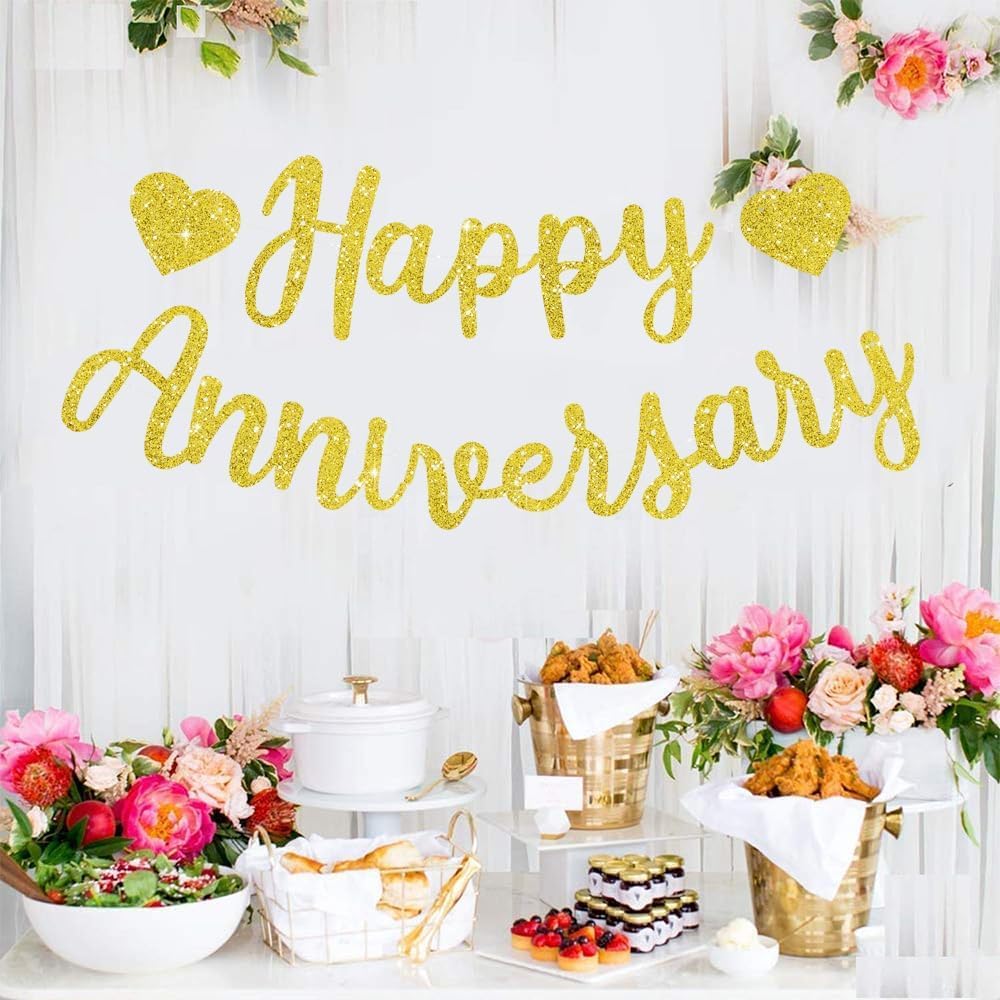 TONIFUL Gold Happy Anniversary Banner - Pre-Strung, No DIY Glitter Garland Sign for Anniversary Wedding - Image 4