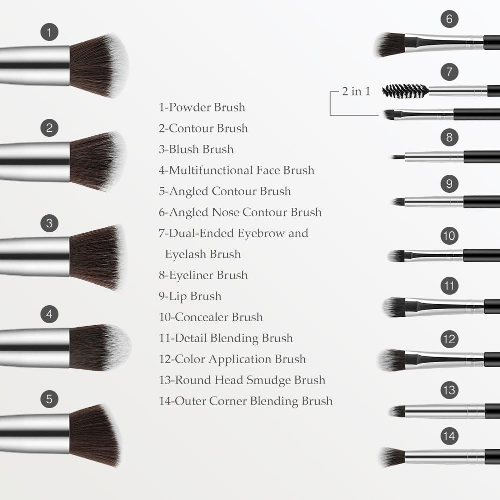 LOPHE Brochas de Maquillaje Profesional, Set 14+3 Piezas Brocha Maquillaje, Pinceles Sintéticos para Cara y Ojos, Cerdas Suaves, Kit Brochas con 2 Soplos de Polvo y Bolsa de Viaje (Negro Plata)