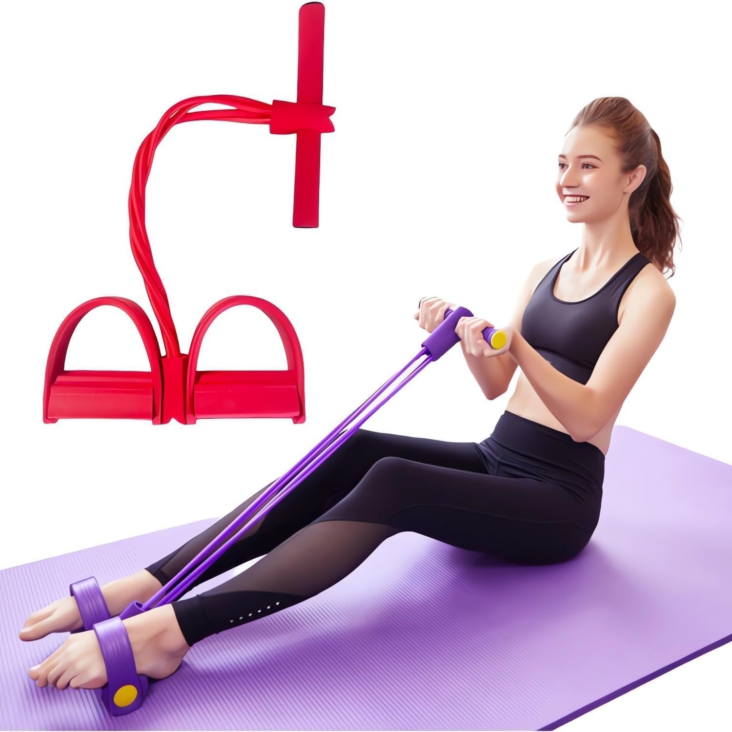 2026 New Fitness Resistance Bands-4 Tube Pedal Ankle Puller Sit Up Leg Stretch Rope Exercise Bands with Handles, Stretching Workout Fitness Bands for Women Men (Red)