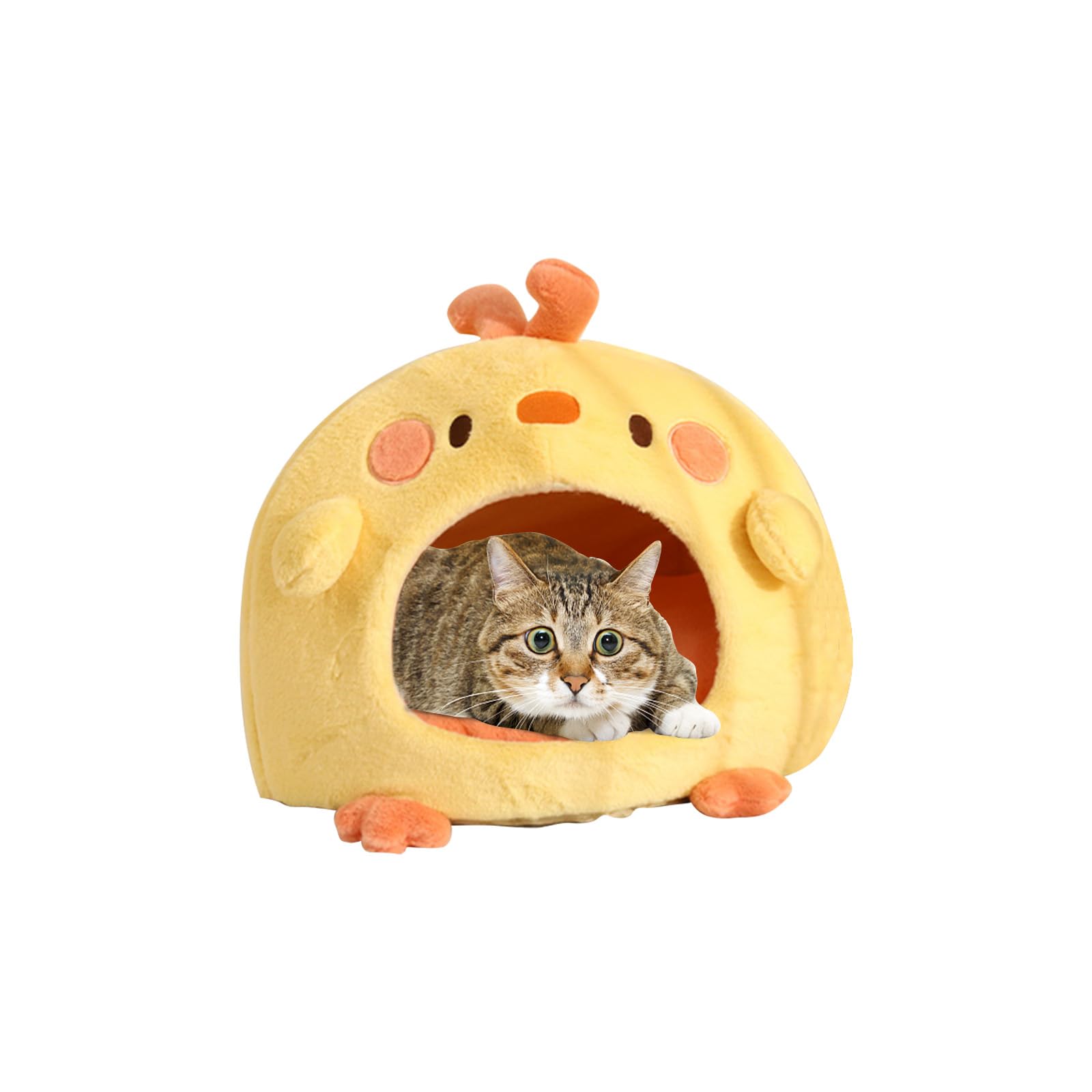 Galatée Cat Cave Bed, Plush Warm Cat Igloo, Super Soft Calming Cat Bed, Cute Cartoon Cat House, Cat Cave House With Washable Cushion, Foldable Portable Pet Bed(S, Yellow)