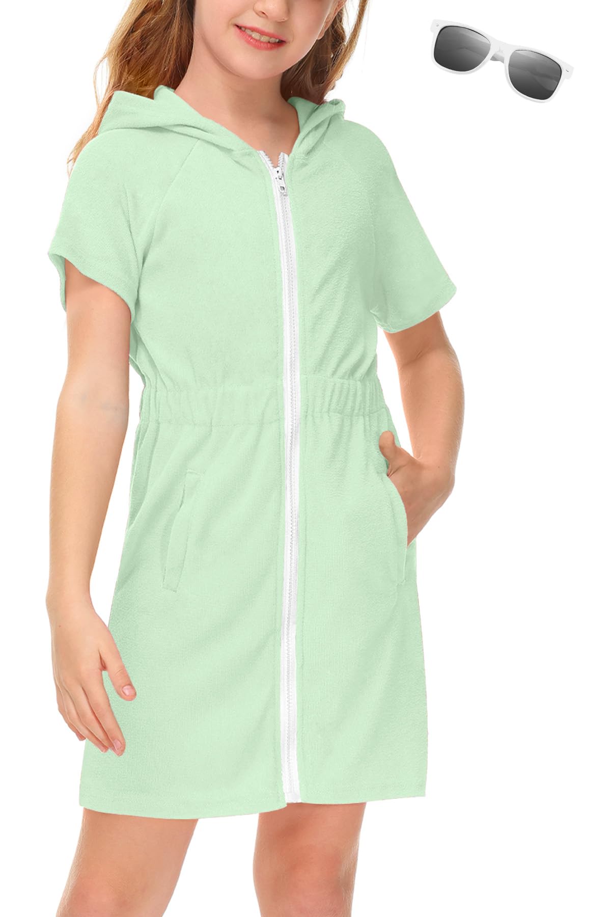 BesserBay Girls Swim Cover Up Beach Bathing Suit Coverups for Swimwear Zip-Up Terry Cloth Robes with Sunglasses 6-14 Years