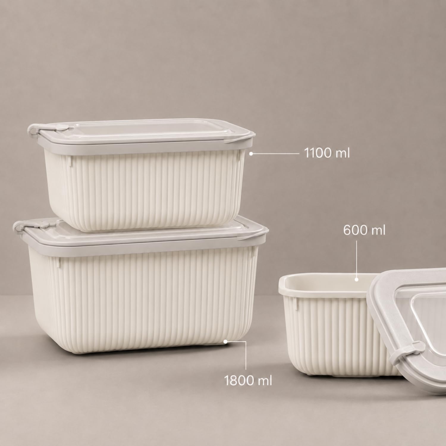 Kabakoz Vakumlu Silikon Kapaklı Plastik Saklama Kabı Seti, 3.5 Litre, Mikrodalga ve Derin Dondurucu İçin Sefer Tası, Gıda Depolama Kutusu, BPA İçermez (600/1100/1800 ml) (Bej, Dikdörtgen)