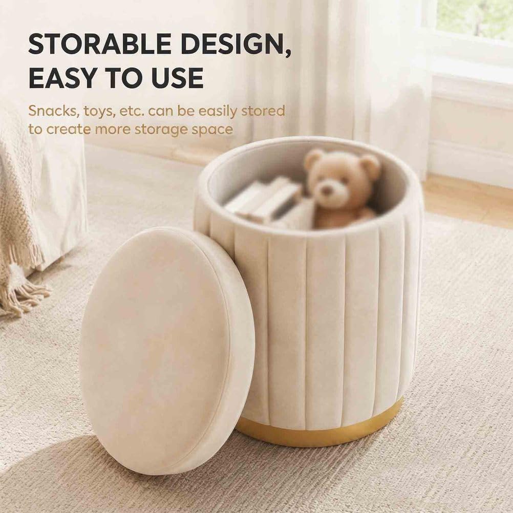 Pouf Sgabello Rotondo Contenitore, poggiapiedi ottomano in Velluto con vano Nascosto e Base in Legno, Sgabello toeletta Compatto, Crema