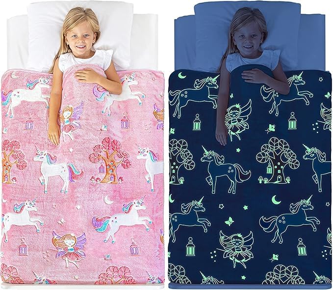 Image of Glow-in-The-Dark Polar Fleece Blanket for Kids - Soft Lightweight Single Bed Blanket (200x152 cm) | All-Season Jacquard Print, Assorted Multicolor - Unicorn Design (Pink)
