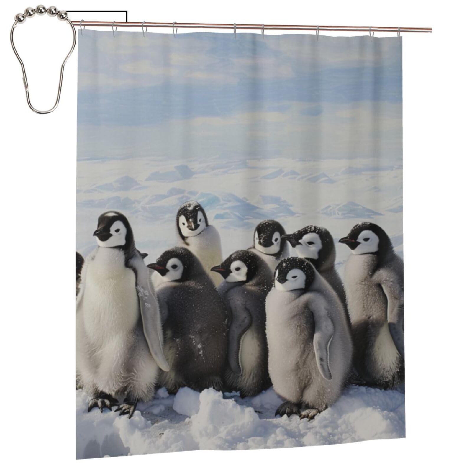 BWWHCCTI Young Penguins With Snow Printed Shower Curtain With 12 Iron Hooks Opaque Quick Drying Waterproof Shower Curtains Sets For Bathroom 152x183 Cm