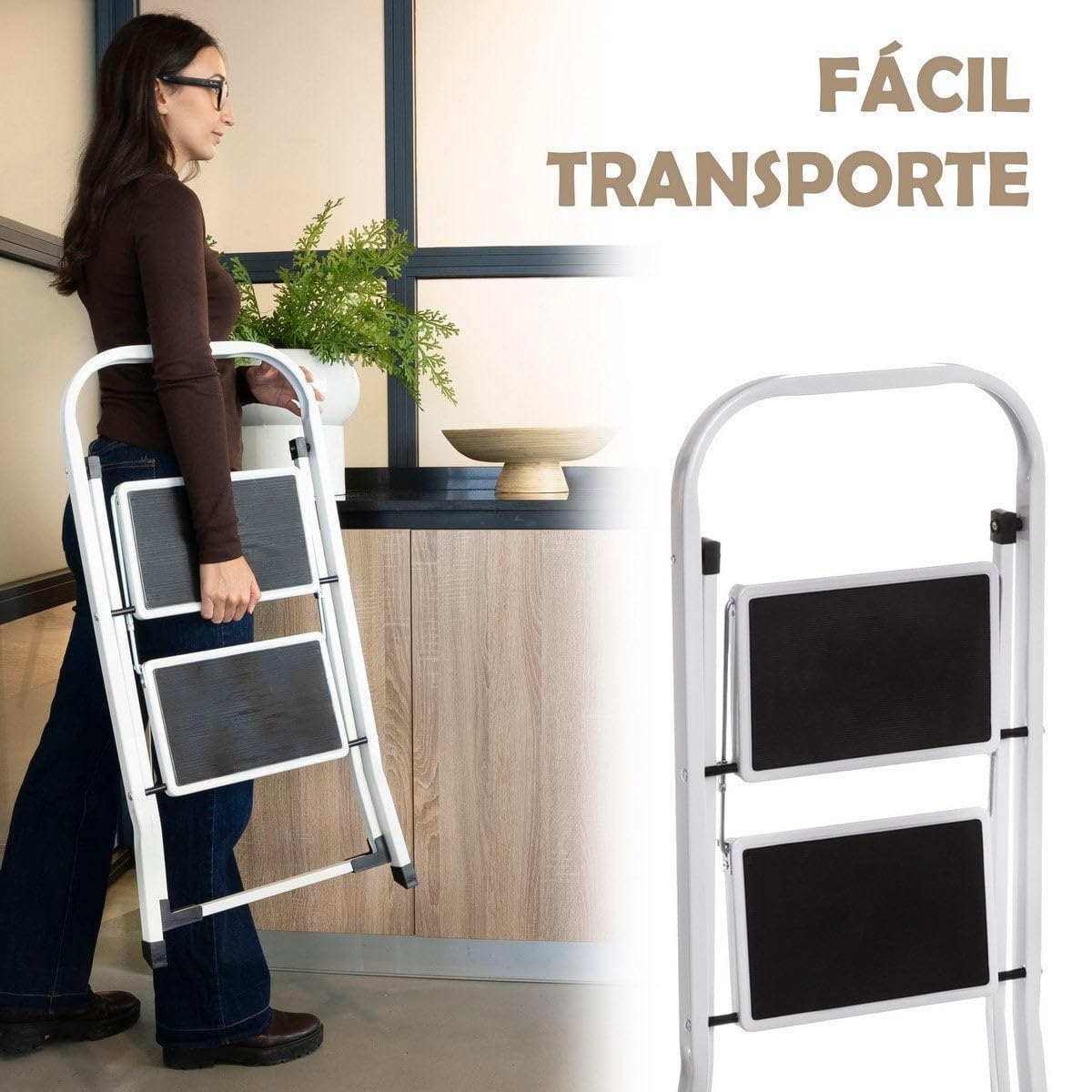 LOLAhome - Escalera Plegable de 2 peldaños Antideslizantes en Acero Blanco de 82 cm. Diseño Seguro y Ligero con asa, soporta 150 kg. Alcanza altillos o cuelga Cortinas fácilmente.