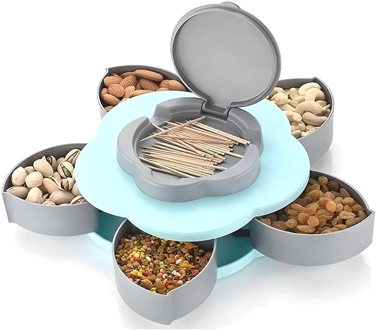 DHARMINSON 5 Compartments 2 Pieces Flower Candy Box Serving Rotating Tray Dry Fruit, Candy, Chocolate, Snacks Storage Box, Masala Box for Home Kitchen (New Smart Candy Box,Multi colour)-image-26