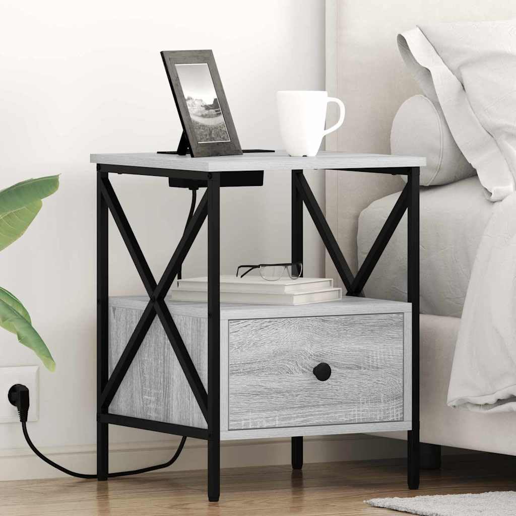 Table de chevet avec station de charge lot de 2 en bois gris Sonoma à tiroirs