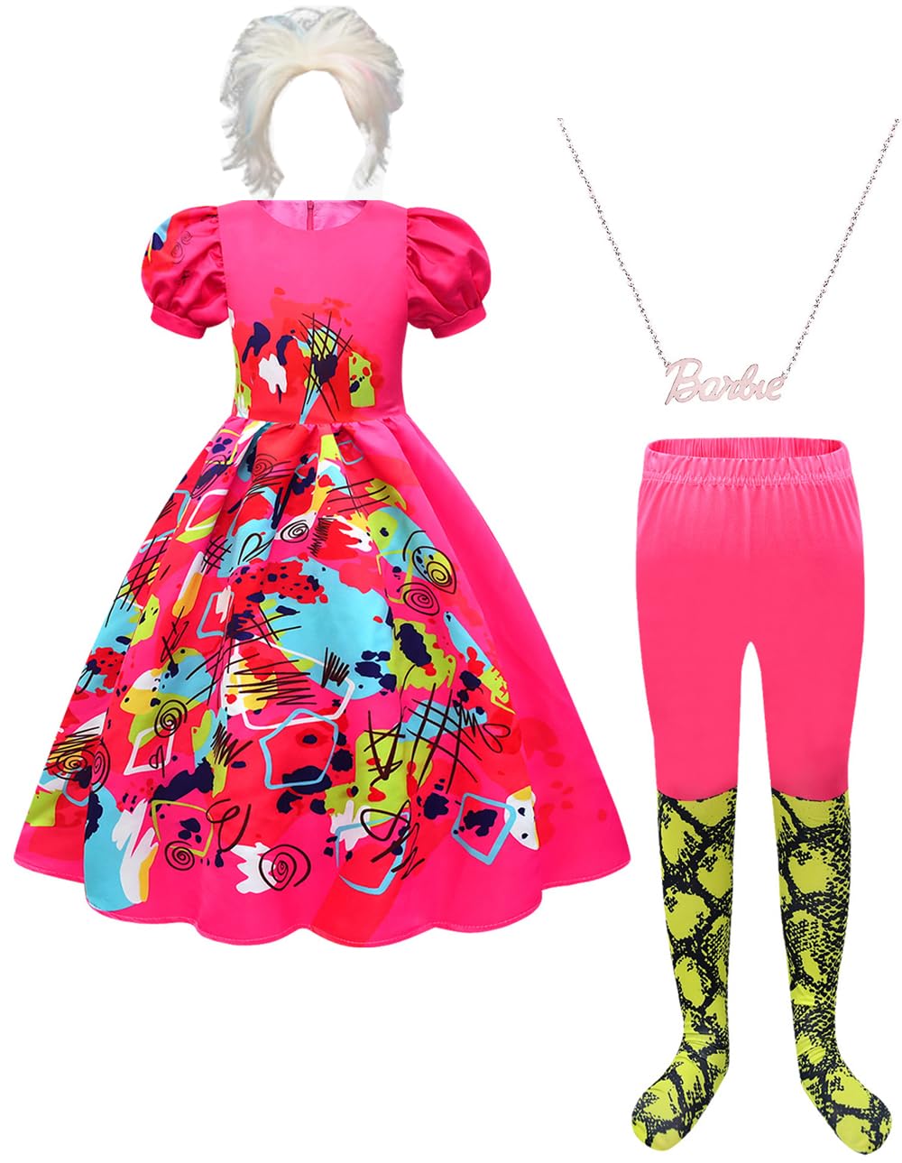 TODDLA Women Weird Doll Movie Costume 2023 Kids Kate Cosplay Hot Pink Puff Sleeve Dress Wig Necklace Outfits