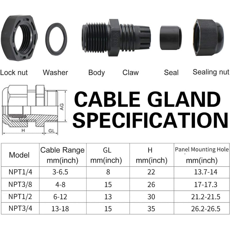 38 Pcs Waterproof Cable Glands for Cable Entry IP68 PG7 PG9 PG13.5 PG21 Cable Lock Connector Black