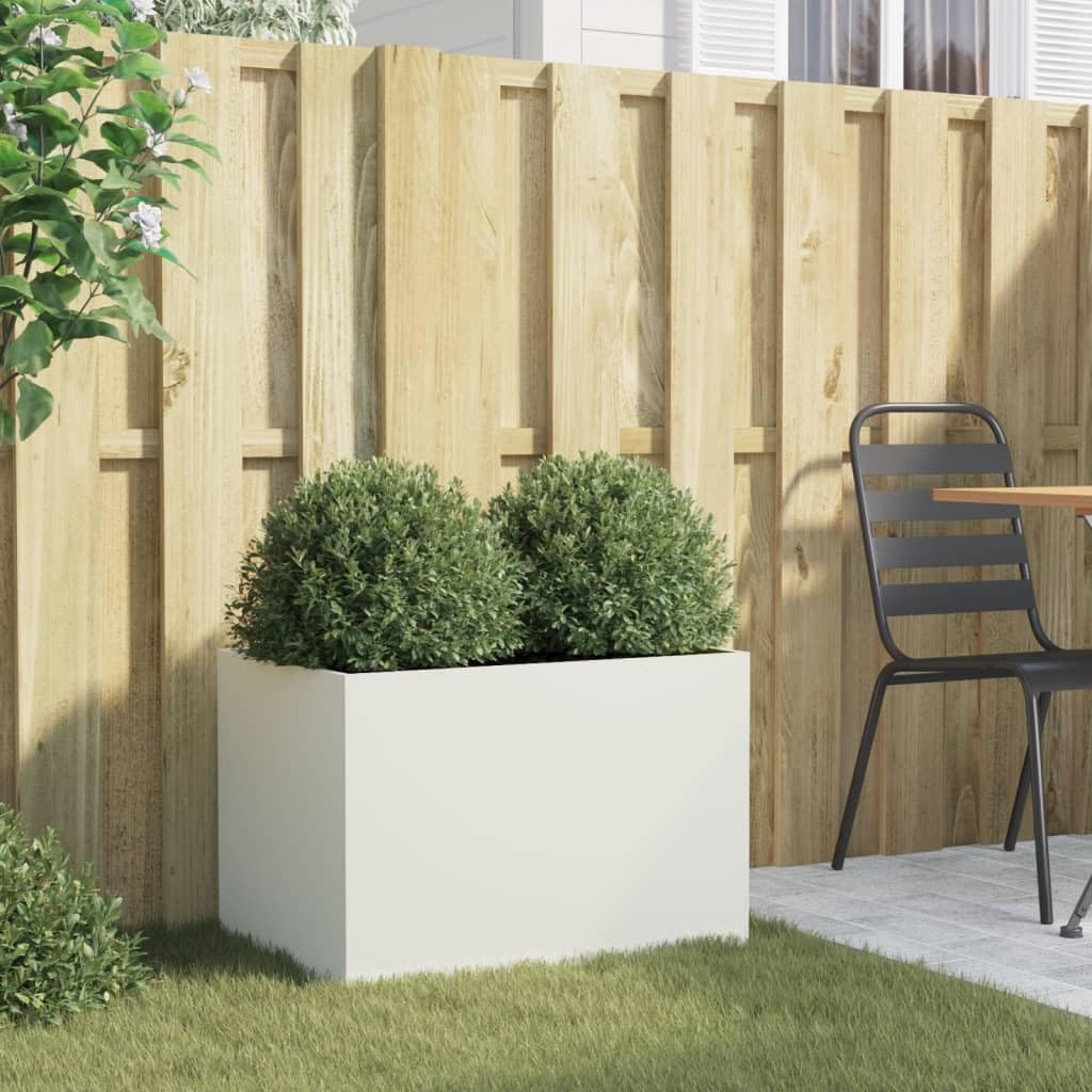 Homogen Macetero blanco de acero laminado en frío, 62 x 40 x 39 cm, jardinera estable para balcón, terraza, jardín, interior y exterior, con orificio de drenaje y material resistente a la intemperie