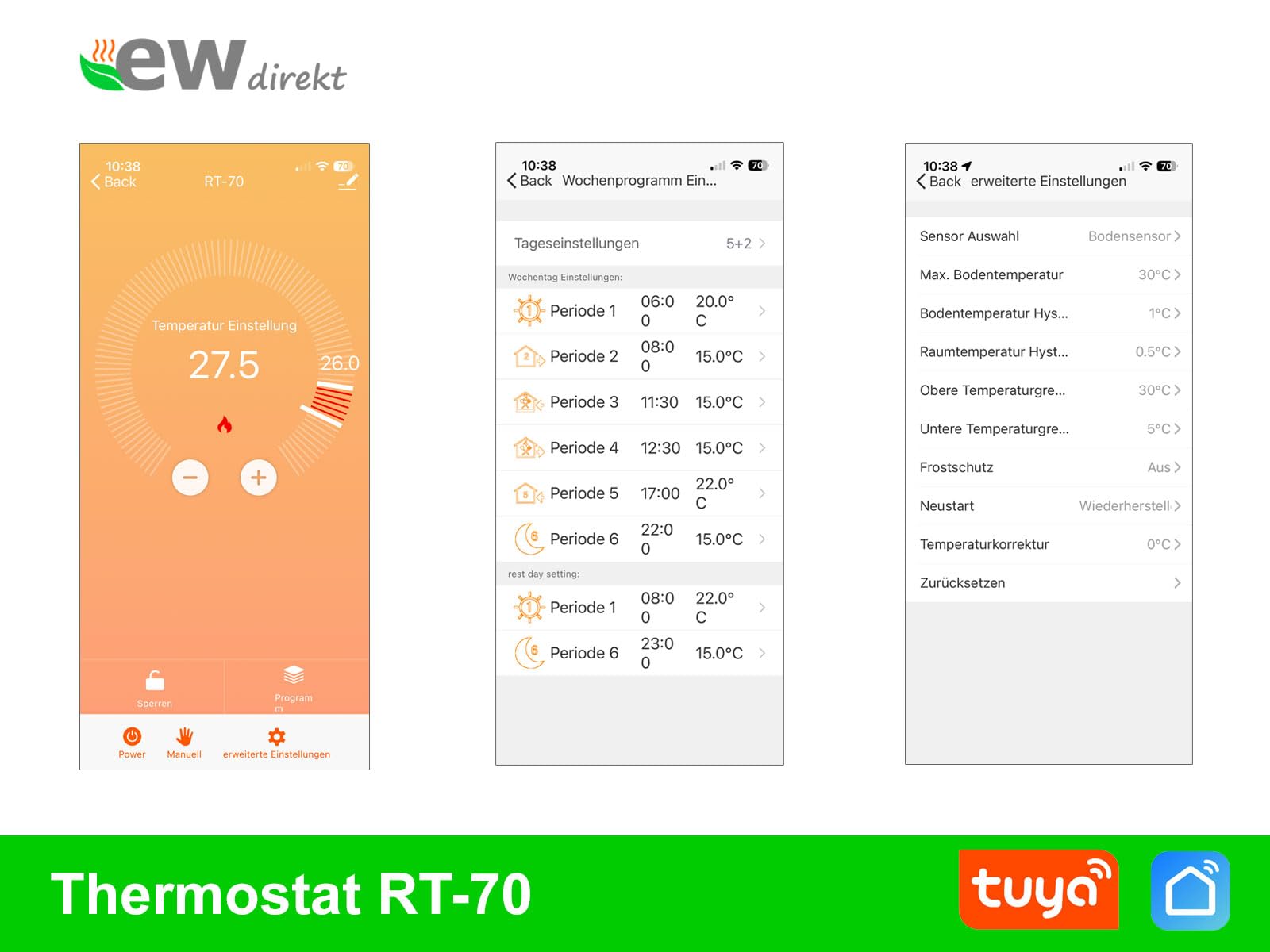 elektrische Fußbodenheizung UltraPro 160 für Fliesen, Naturstein mit Thermostat RT-70 WLAN Tuya/Smart Life (1 m² - 0,5 x 2 m)