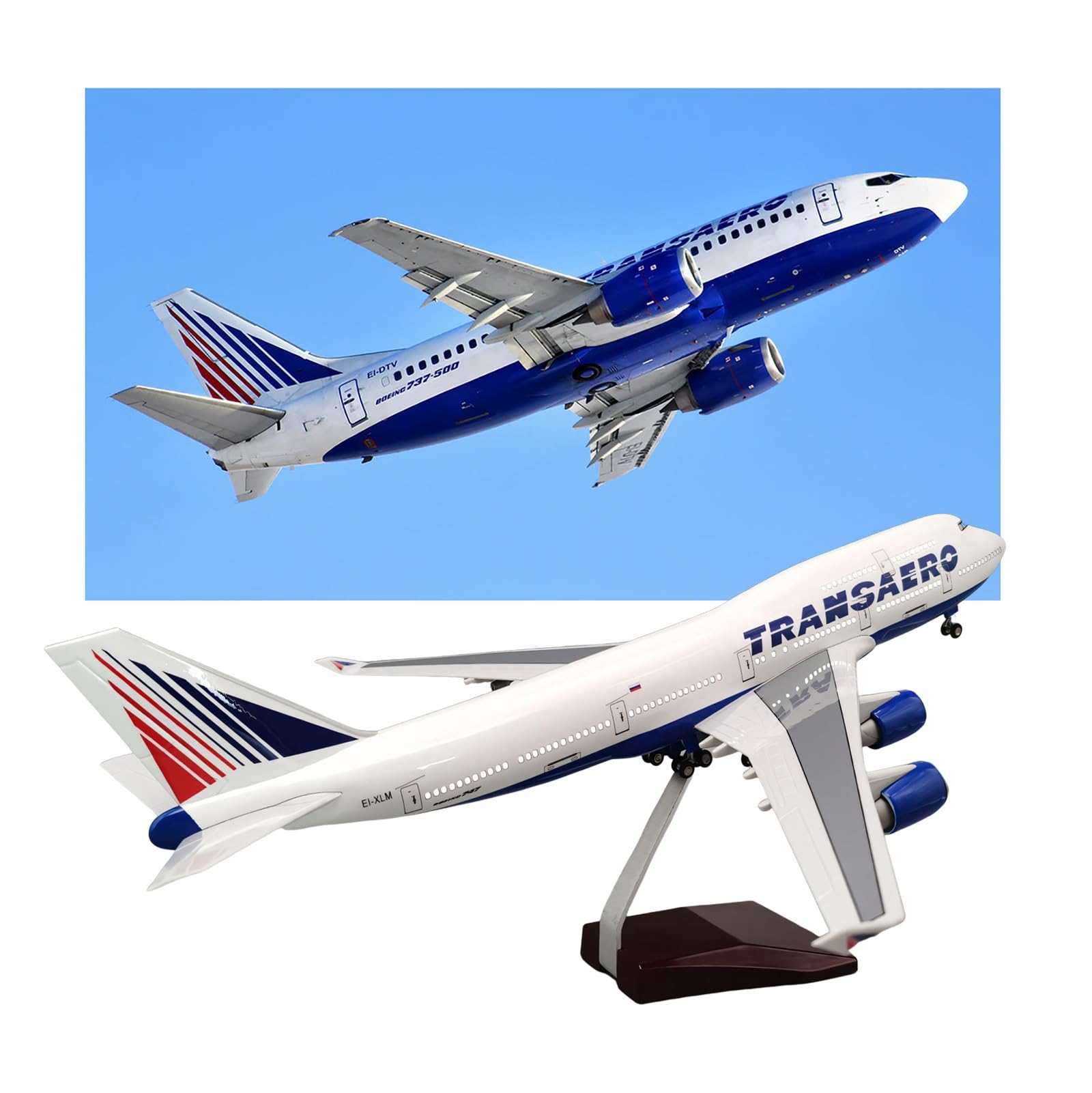 Model samolotu B747 Transaero Airlines 47 cm, skala 1:150, maszyna do odlewania ciśnieniowego z lekkim podwoziem koła, dla entuzjastów lotnictwa, dekoracji biur, (bez światła)
