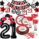 21st Birthday Decorations for Her, Red Black HAPPY BIRTHDAY Banner Plates and Napkins Set Party Tableware Supplies for Him