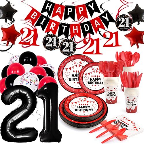 21st Birthday Decorations for Her, Red Black HAPPY BIRTHDAY Banner Plates and Napkins Set Party Tableware Supplies for Him