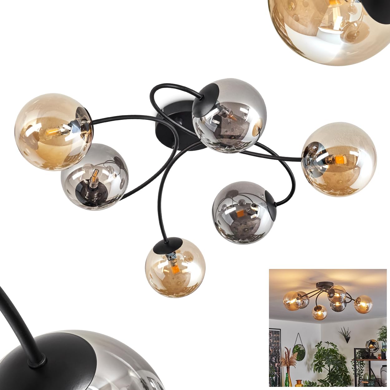 Hofstein Light/Black/Amber Chehalis Ceiling Ceiling Lamp Made Of Metal/Glass In /Smoke/ Colour, Retro/Vintage Design Luminaire With Glass Shades (Ø 12 Cm), 6 X G9 Led, Without Bulbs