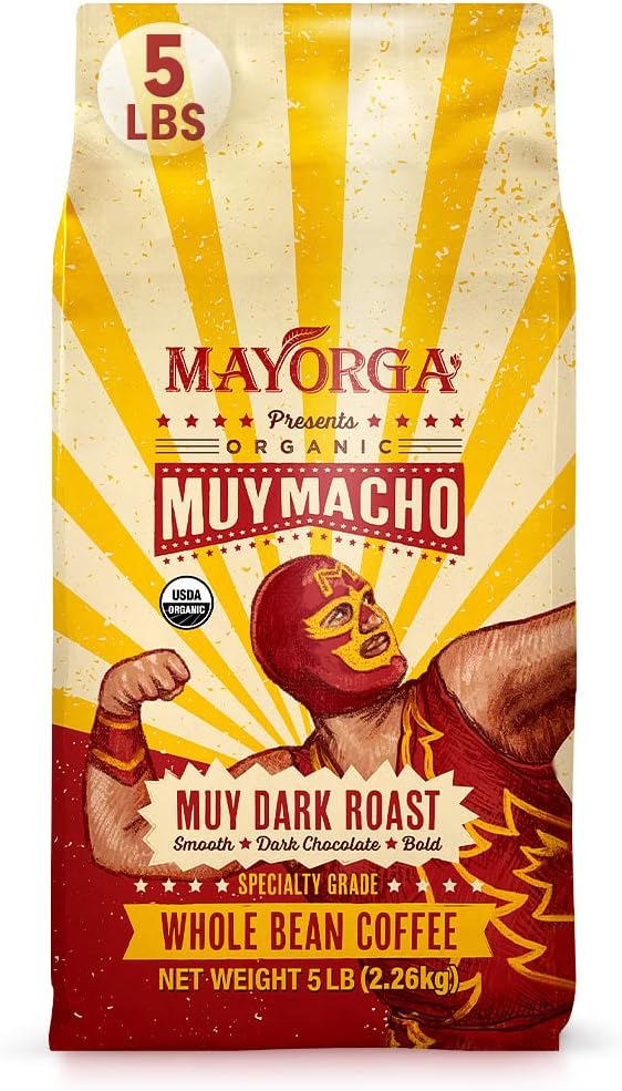 Intense Dark Roast Coffee, 5 lb bag - Muy Macho Blend, the World's Strongest Organic Coffee - 100% Arabica Whole Coffee Beans - Bold Flavor - Specialty Grade, Non-GMO, Direct Trade