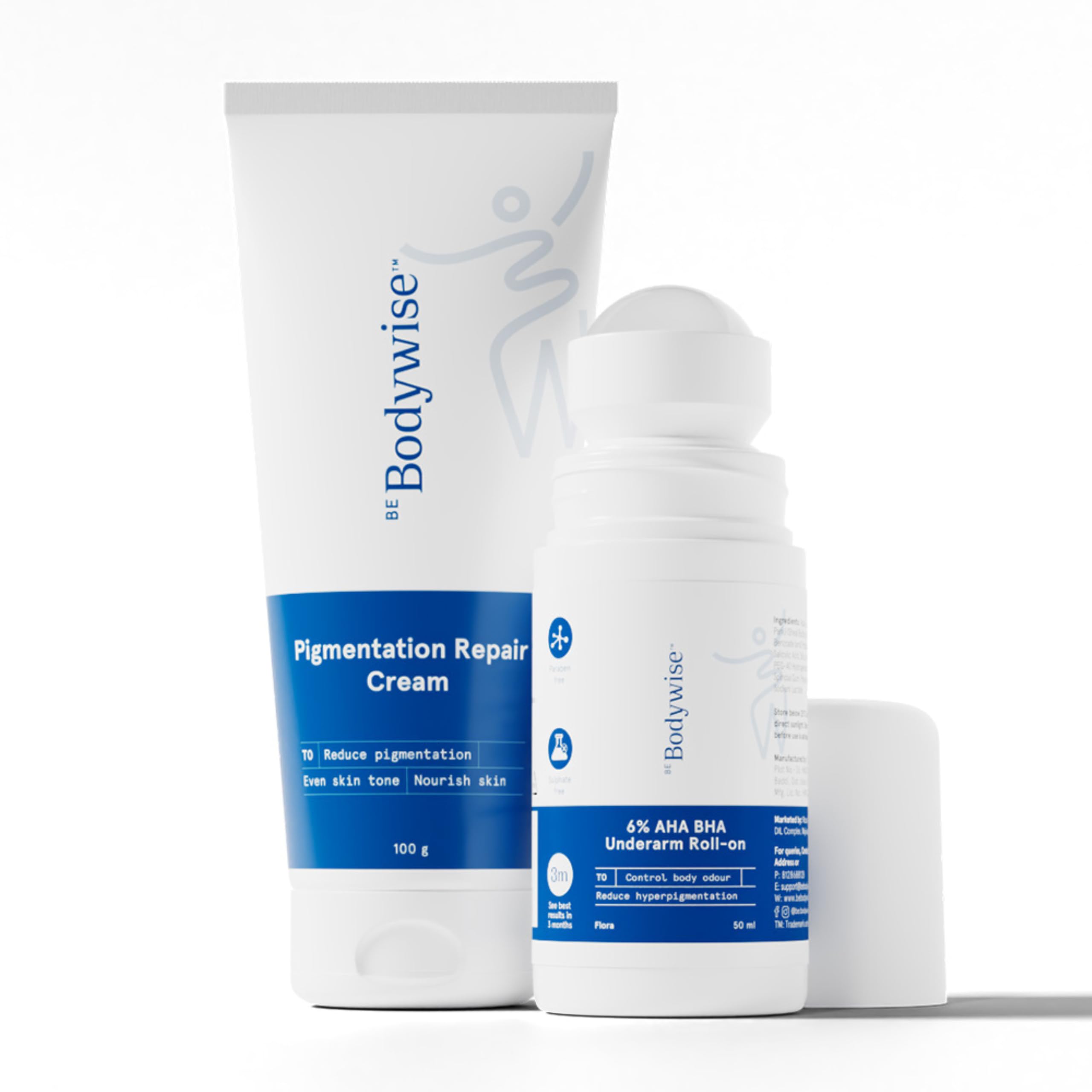 Be Bodywise Advanced Underarm Pigmentation Kit | With 6% AHA BHA Flora Underarm Roll-On (50ml) & Pigmentation Repair Cream (100g) | Reduces Body Odor, Fades Pigmentation & Corrects Uneven Skin Tone