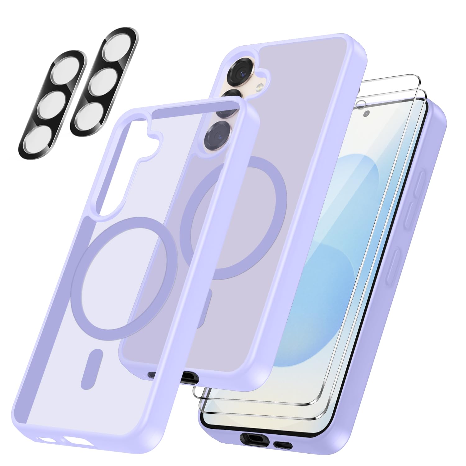 Cover per Samsung Galaxy S25 FE 5G Compatibile con 2 vetri temperati e 2 vetri per fotocamera, Translucent Matte Slim Back PC+TPU Bumper Shockproof Compatible Magnetic Cover - Viola chiaro