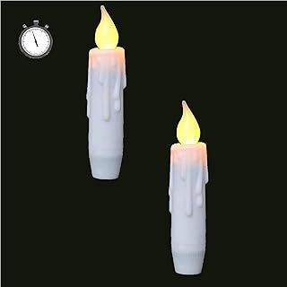 Flameless Short Taper Candles,Battery Taper Candles Flickering Flame,Primitive Taper Candle Battery Operated,4.75Inch White Timer Led Candle,Dinner Candle for Home Christmas Halloween Decor
