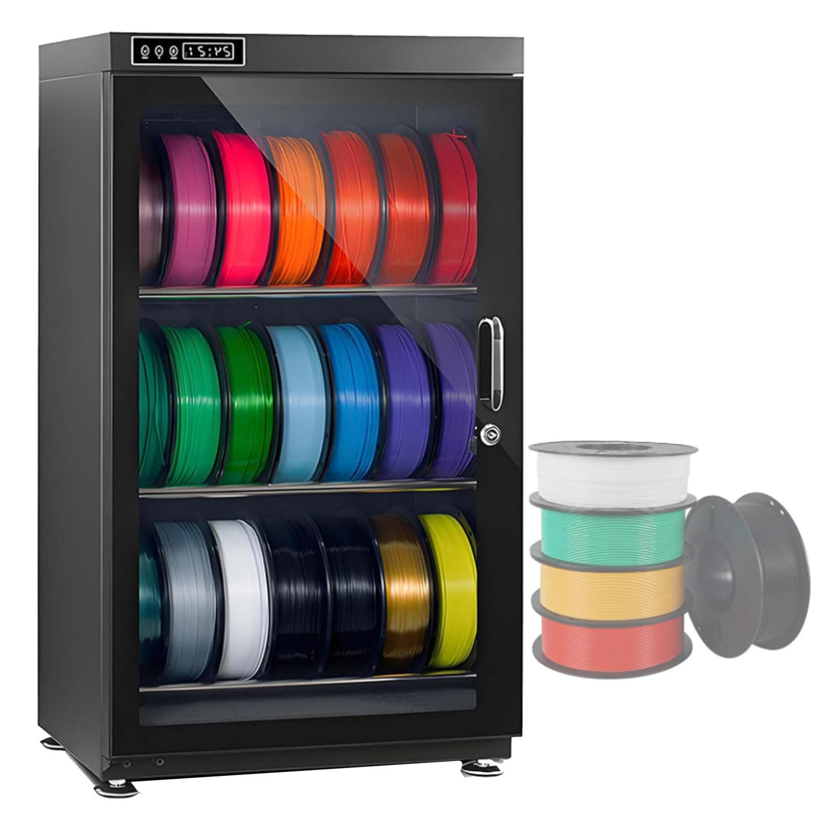 Oiyekntd 3D Printer Filament Dryer Box, Printer Filament Storage Box Dry Cabinet w/Humidity Control (RH15% - RH60%), Filament Dehydrator for PLA, ABS, Holds Up to 10-12/15-21 Rolls 115L