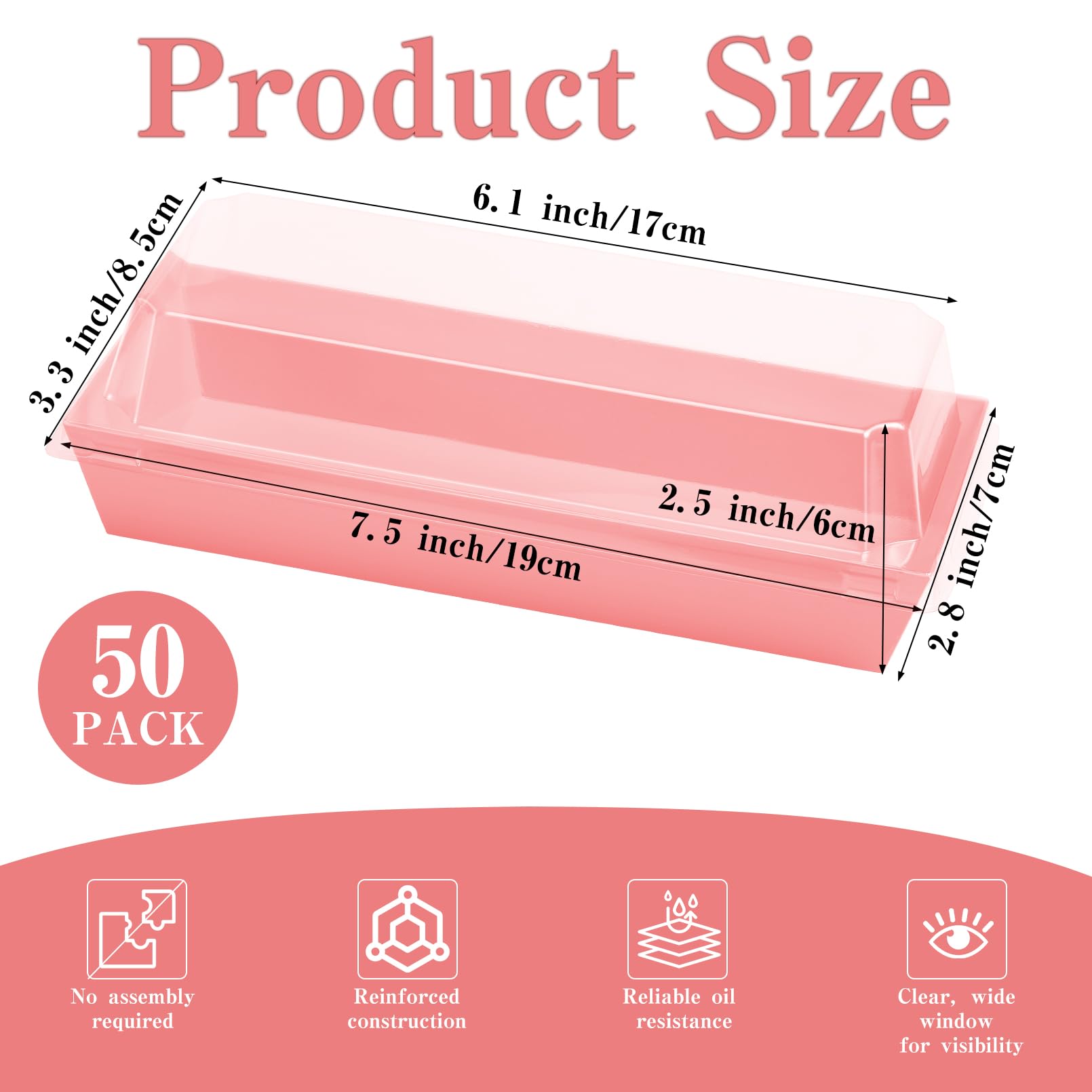 Cptoion 50 Pack Charcuterie Boxes with Clear Lids,Disposable Food Containers Bakery Boxes,Dessert Box To Go Treat Containers for Sandwich,Cupcakes,Cookies,Strawberries(7.5x3.3 Inch, Pink)