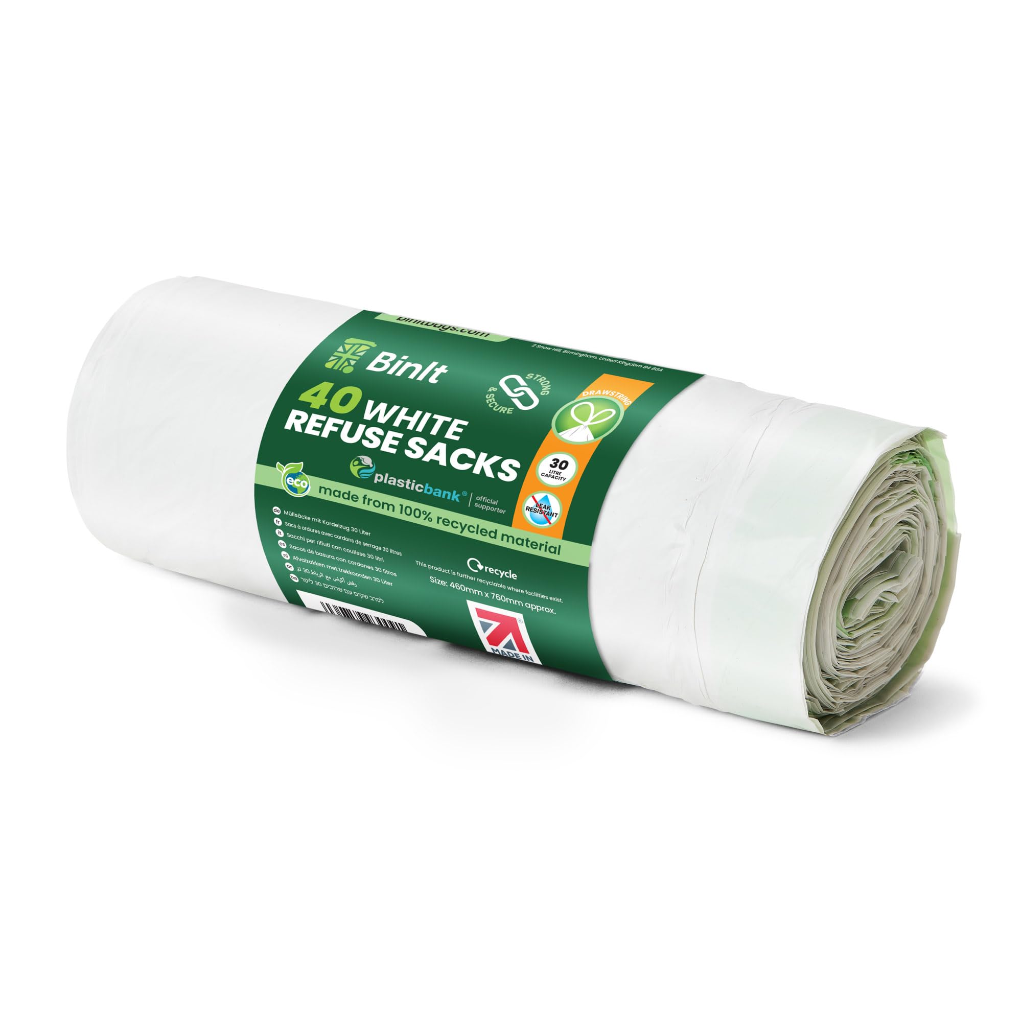 BIN IT 40 White Drawstring 30L Strong & Secure, Refuse Sacks, Bin Bags, Bin Liners, Recycled, Tear Resistant, 30 μm, Perfect for Everyday Use, Household, Office, Kitchen & Caterers