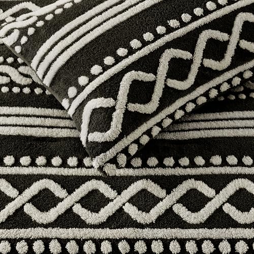 Image of Wonderful Tufted Boho Comforter Set Queen, 3 Piece Fair Isle Geometric Jacquard Lightweight Comforter with Washed Brushed Backing, Skin-Friendly Rustic Plush Blanket for All Season, Black, 90 inchx90 inch | 3D Tufted Jacquard