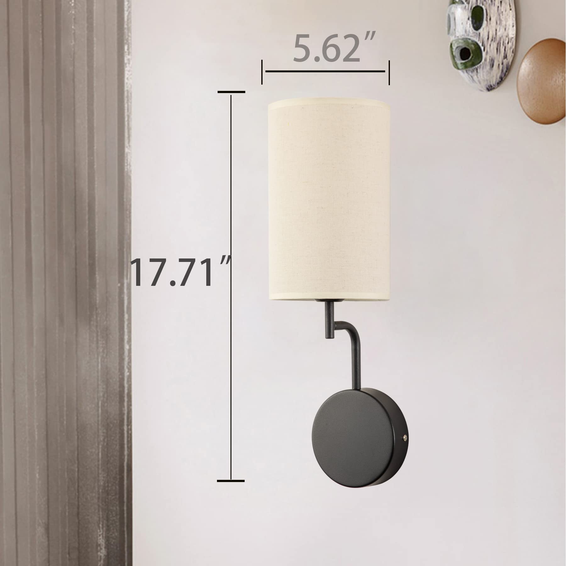 CASTLELIFE Wall Sconce Set of 2, Wall Lamps with Linen Fabric Lampshade, Hardwired Modern Unique Design Matte Black Metal Wall Lights for Bedroom Living Room Hallway Kitchen (Black)