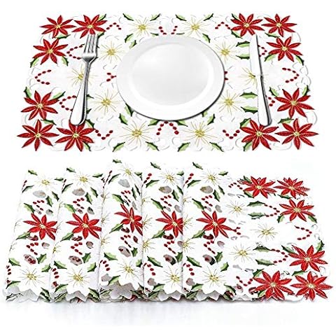 AerWo 6Pcs Christmas Holiday Placemats, Embroidered Poinsettia Christmas Table Place Mats for Christmas Dinner Christmas Table Decorations 12 × 18 Inch Cover
