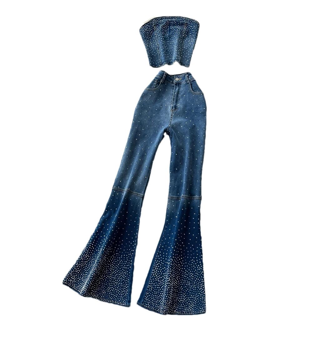 Women 2025 Summer Sexy All Match Set with Sleeveless Strapless Tank and High Waist Flare Jeans