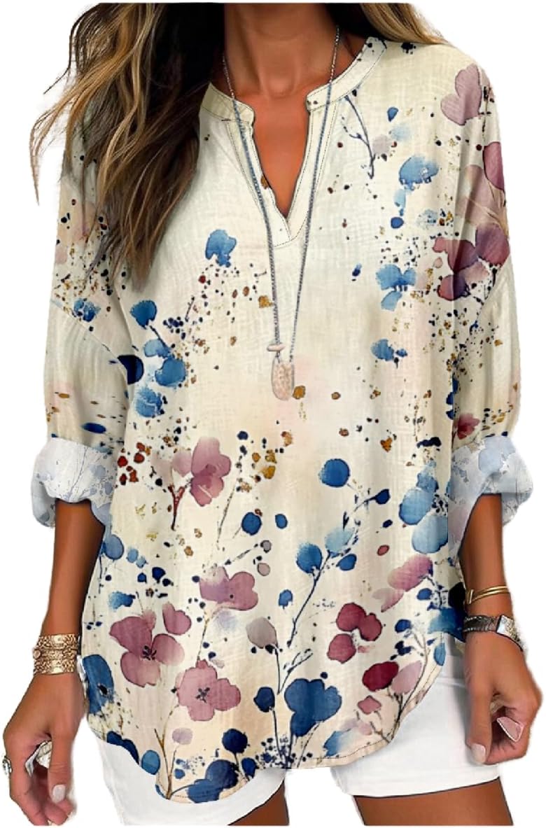 Floral Tops for Women V Neck Long Sleeve Plus Size 2025 Spring Cute Casual Elegant Resort Flowy Ladies Tee Shirts