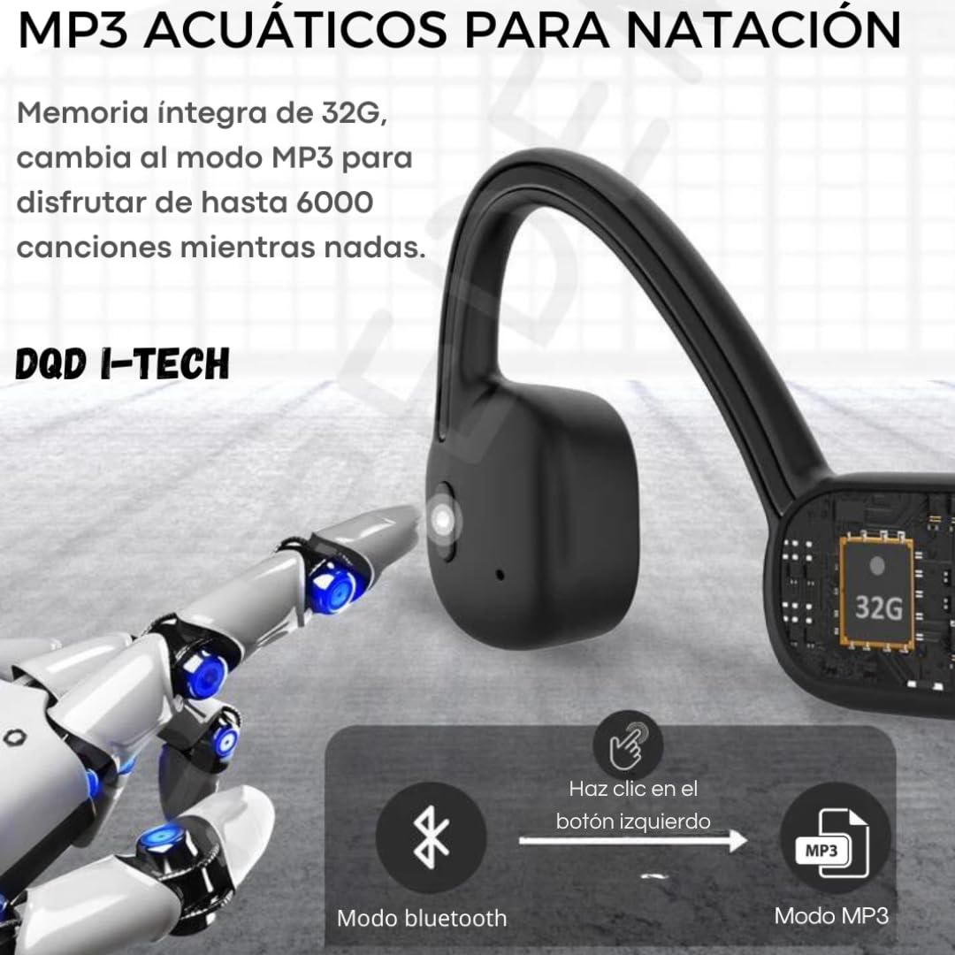 Auriculares de conduccion osea natacion, Impermeables IPX8, Inalámbricos Bluetooth 5.3, MP3, Memoria integrada 32G, Acuaticos, Deportivos y flexibles para natación y actividades al aire libre.