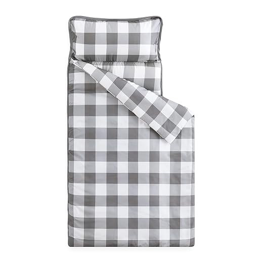 Wake In Cloud - Toddler Nap Mat with Pillow and Blanket, for Kids Boys Girls in Kindergarten Daycare Preschool Pre K, Roll Up Sleeping Bag, Gingham Plaid Grid Checkered, Grey White, Standard
