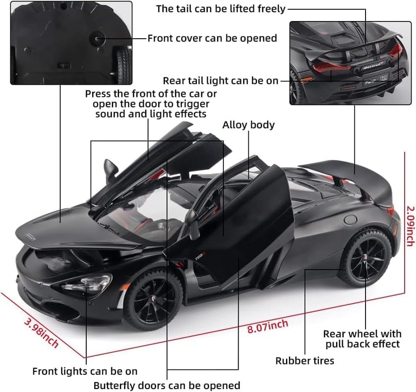 Image of Play Boy 1:32 McLaren 720s Model Diecast Metal Alloy Pullback Toy Vehicle with Openable Doors Light and Music Car for Kids (Multicolor)