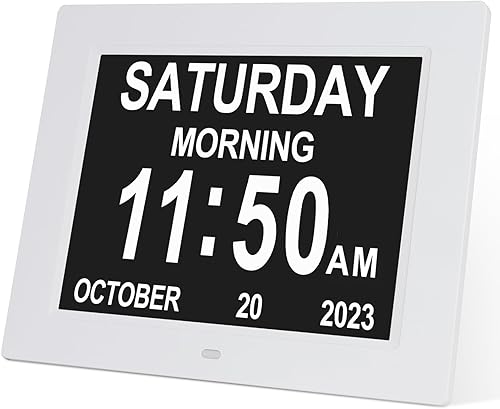 Johnziny Reloj digital de 8 pulgadas, 8 recordatorios de alarma, atenuación automática, reloj de demencia extra grande para el día, fecha, mes, para