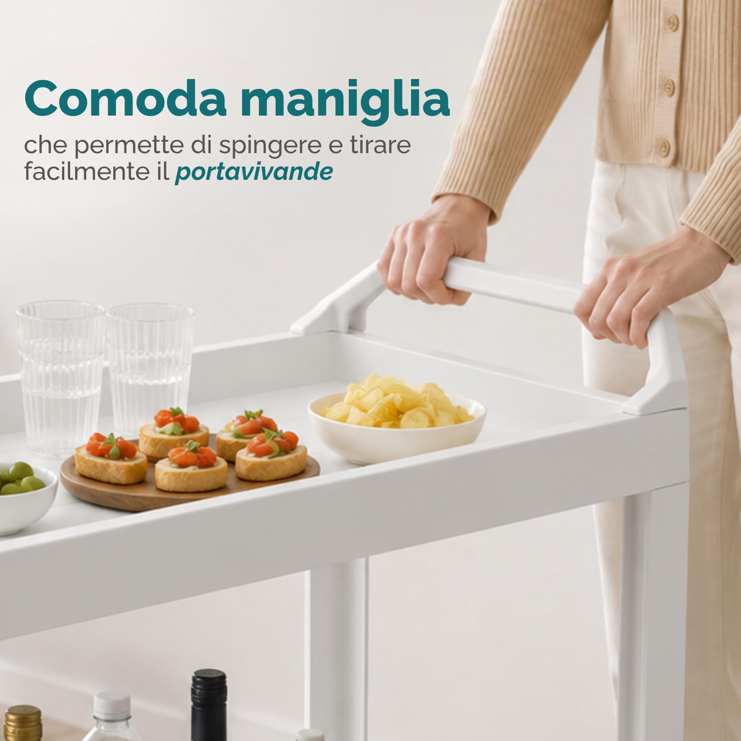 PALUPLUS Carrello Portavivande Esterno Bianco 53x74x73 cm 2 Ripiani Portabottiglie 5 Posti Made Italy